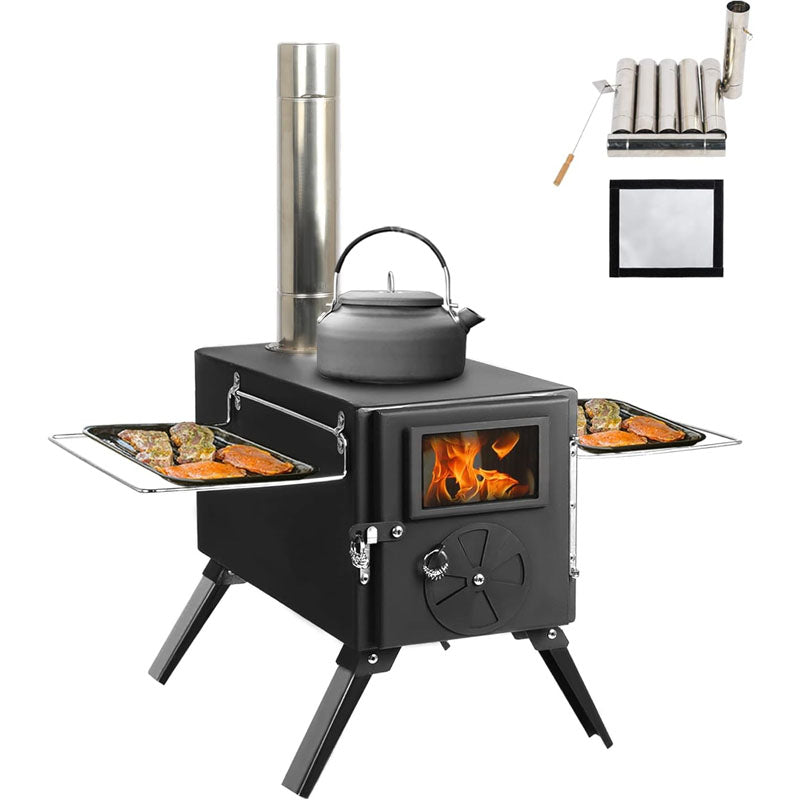 BowLift | Tent Wood Stove with Chimney Pipes & Gloves for Tent Camping Ice-fishing Cookout Hiking Travel with 7 Pipes