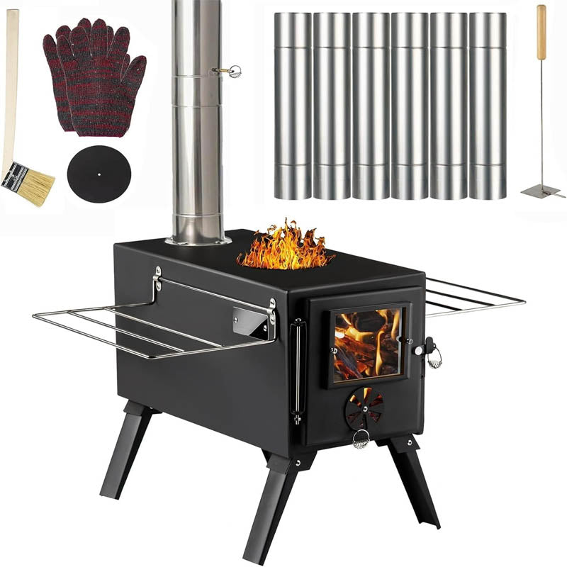 BowLift | Tent Wood Stove Small Wood Stove with 7 Stainless Chimney Pipes for Outdoor Heating & Cooking