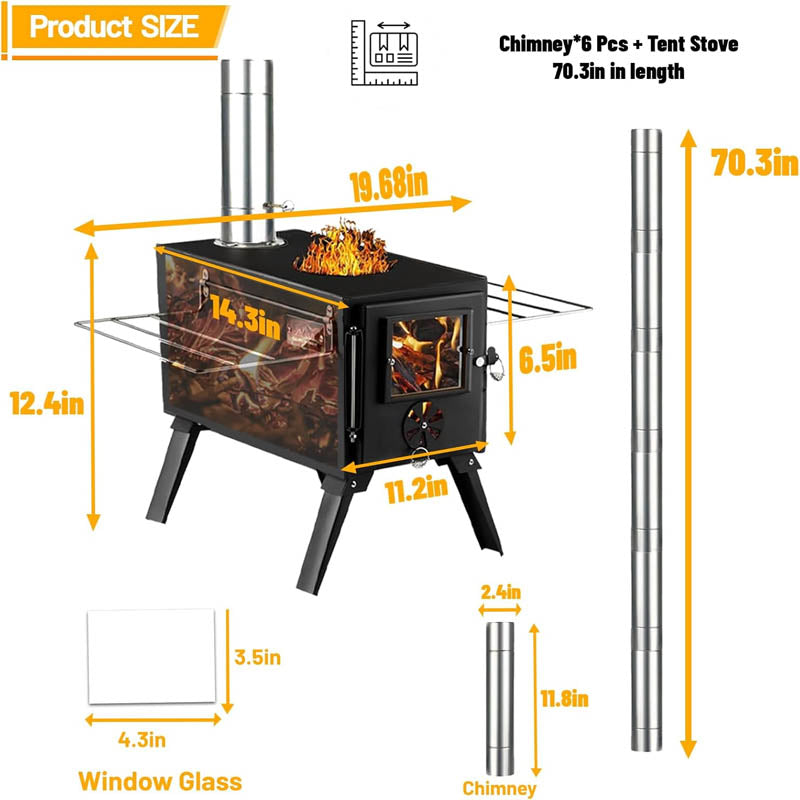 BowLift | Tent Wood Stove Small Wood Stove with 7 Stainless Chimney Pipes for Outdoor Heating & Cooking