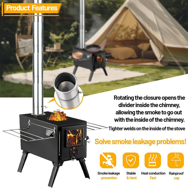 BowLift | Tent Wood Stove Small Wood Stove with 7 Stainless Chimney Pipes for Outdoor Heating & Cooking