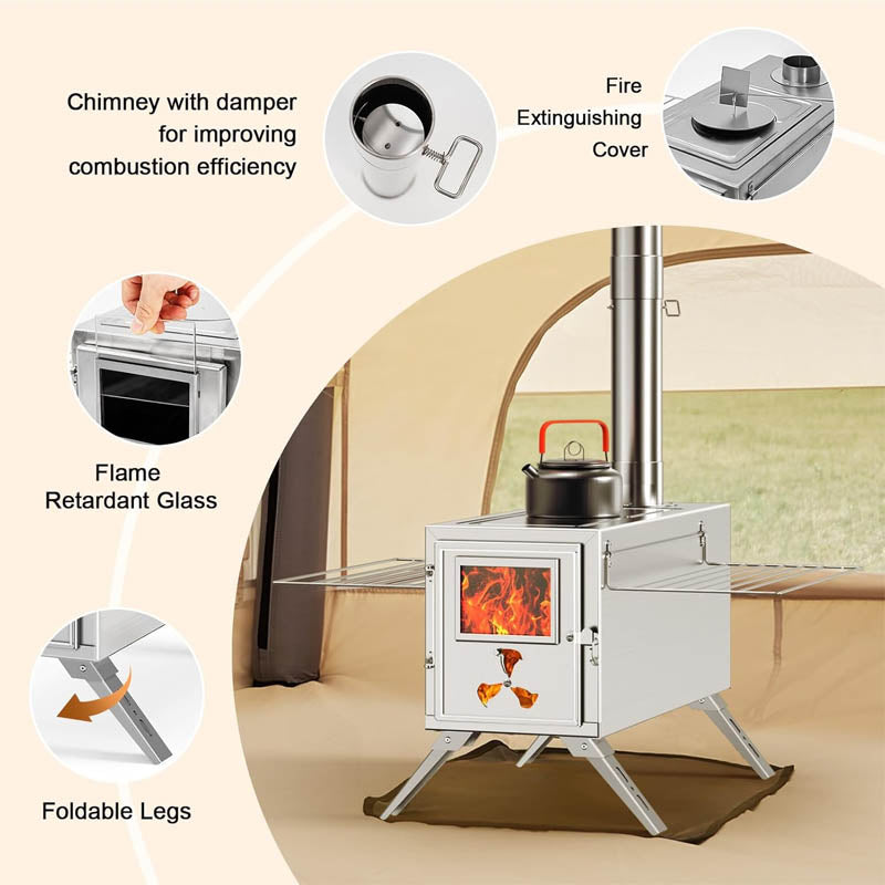 BowLift | Tent Wood Stove Portable Camping Wood Stove with 7 Chimney Pipes for Outdoor, Camping, Cooking