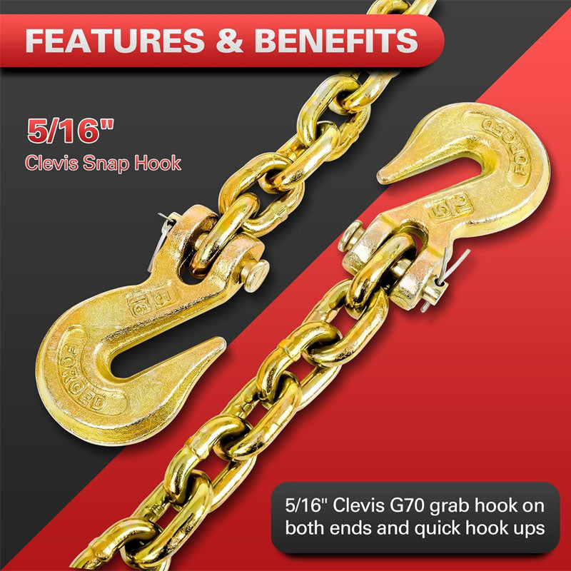 BowLift | Tow Chain 3/8"×10FT G80 Binder Chain with G70 Hooks 5400 lbs Safe Working Load Logging Chain