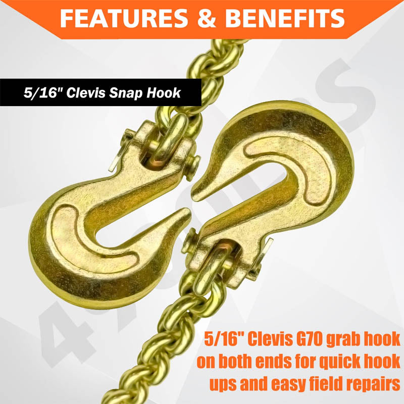 BowLift | G80 Tie Down Tow Chain with Clevis Grab Hooks 4,900 lbs Safe Working Load for Transporting Towing Tie Down Binding Equipment
