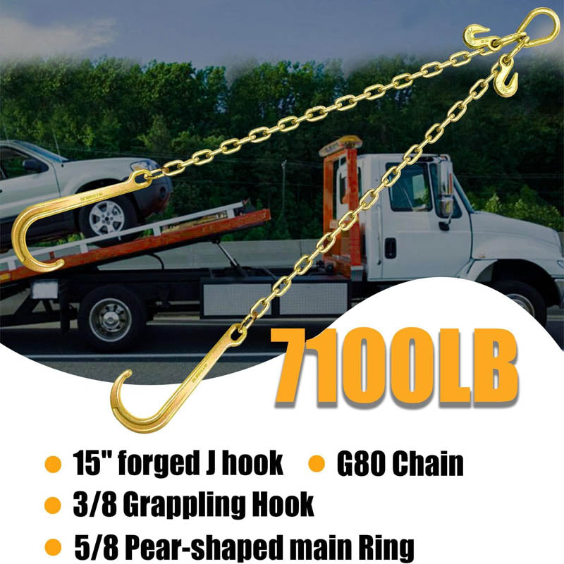BowLift | Tow Chain 3/8In x 2Ft Towing Chain Bridle with J Hooks and Grab Hooks Grade 80 Chain V-Bridle