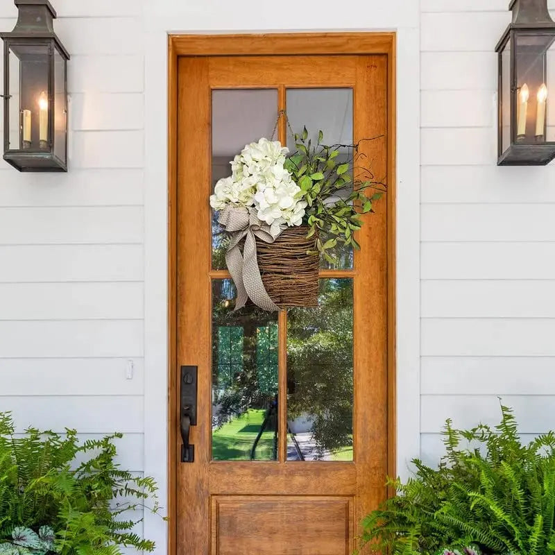 BowLift | Door hanger with cream hydrangeas – rattan basket wreath with artificial flowers