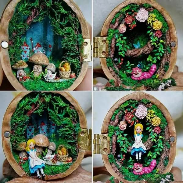 BowLift | Handcrafted dollhouse made from walnut shells with interior light