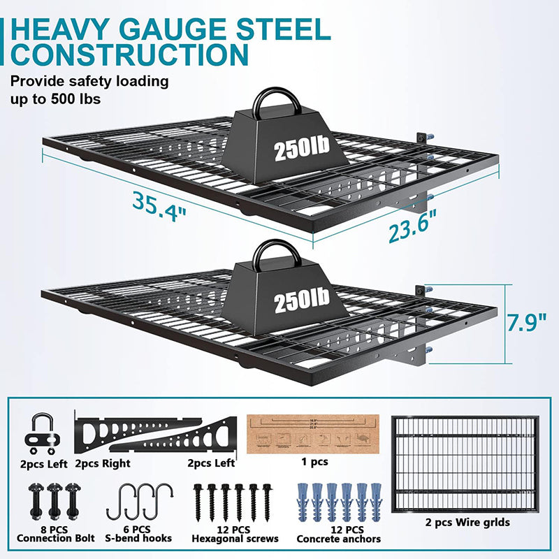 BowLift | Wall Mounted Garage Storage Shelving 2 Pack 2x3ft Loads 500 lbs Strong Garage Organiser Adjustable Shelf Heavy Duty Sturdy Wall Shelves