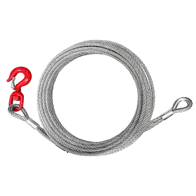 BowLift | Galvanized Steel Winch Cable, 3/8" Heavy Duty Towing Cable, 10582 lb Breaking Strength, with 1T Swivel Hook and 2 Aluminum Eyes, 6x19 Strand Core Cable, for Crane Trailers (50ft)