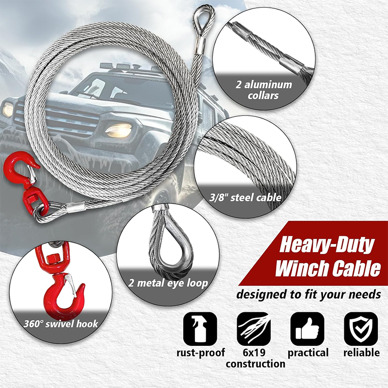 BowLift | Galvanized Steel Winch Cable, 3/8" Heavy Duty Towing Cable, 10582 lb Breaking Strength, with 1T Swivel Hook and 2 Aluminum Eyes, 6x19 Strand Core Cable, for Crane Trailers (50ft)