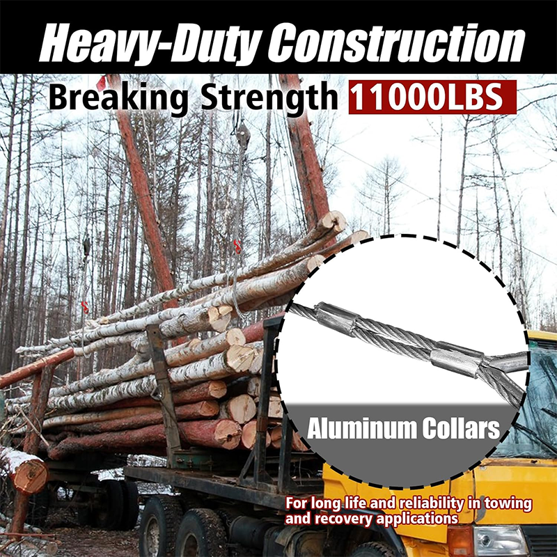BowLift | Galvanized Steel Winch Cable, 3/8" Heavy Duty Towing Cable, 10582 lb Breaking Strength, with 1T Swivel Hook and 2 Aluminum Eyes, 6x19 Strand Core Cable, for Crane Trailers (50ft)