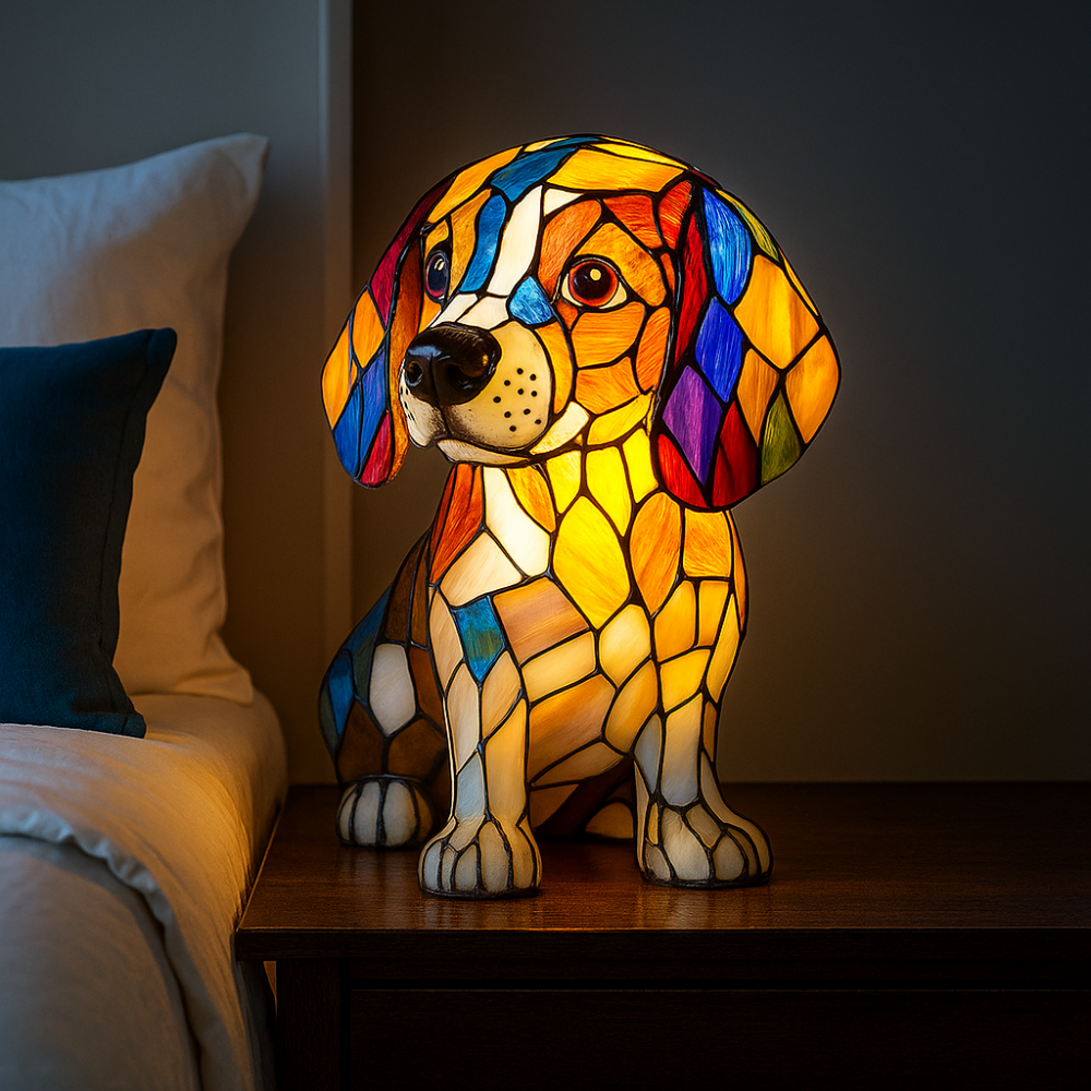 BowLift | Stained Glass Dog Shaped Night Lamp with Color Changing LED – Decorative Table Lamp for Bedroom and Living Room