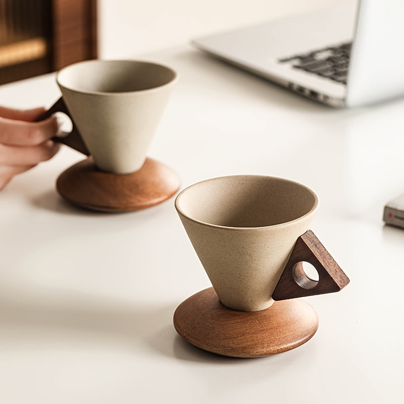 BowLift | BaristaLuxe Ceramic Coffee Cup 250ml – Handmade with Wooden Handle and Coaster