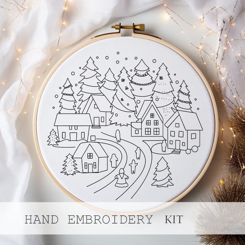 BowLift | Christmas Embroidery Kit | Winter Snowy Village Pattern | Beginner Craft Set with Hoop & Threads