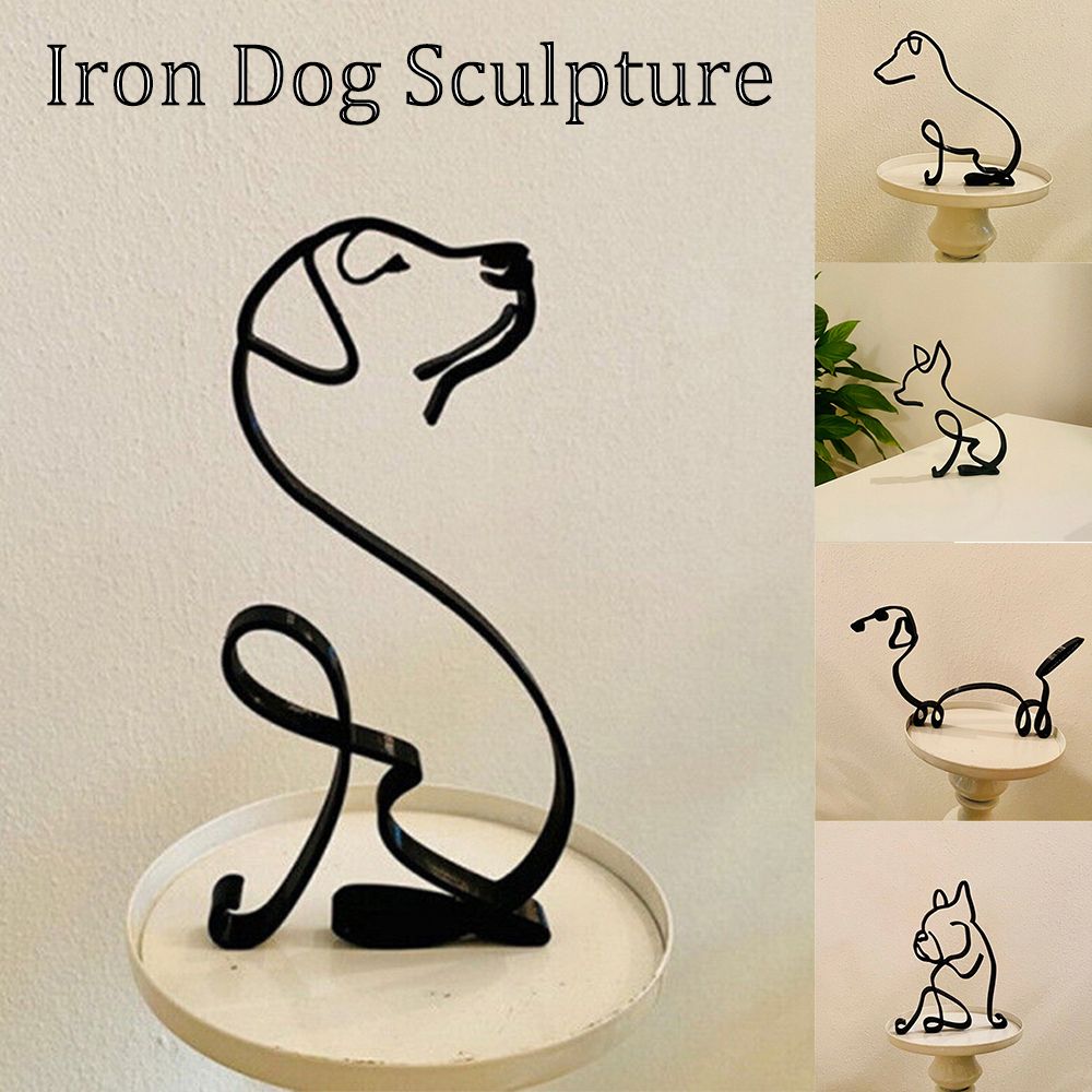 BowLift | Tier Kunst Eisen Skulptur Retro Metall schwarze Linien Katze Hund Schreibtisch Ornament