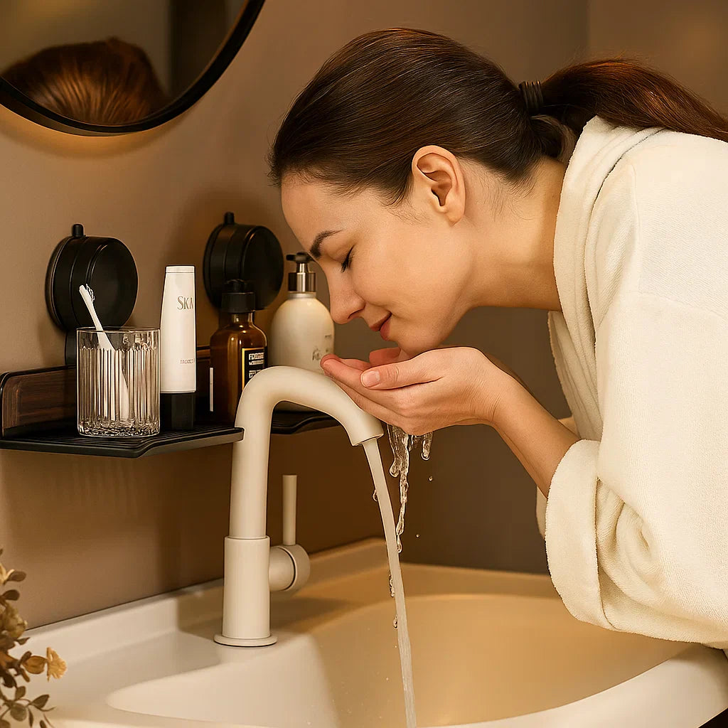 BowLift | Bathroom suction cup sink shelf in walnut design