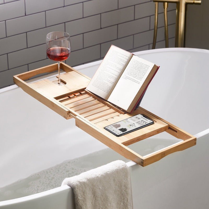 BowLift | Aurevo Bamboo Bath Caddy | Extendable luxury bathtub tray with wine glass & book holder