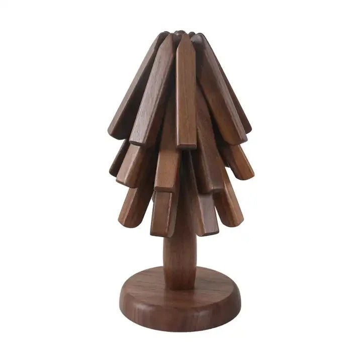 BowLift | Black Walnut Foldable Christmas Tree Wooden Coasters – Creative Heat-Resistant Pot Mats & Kitchen Décor Accessories