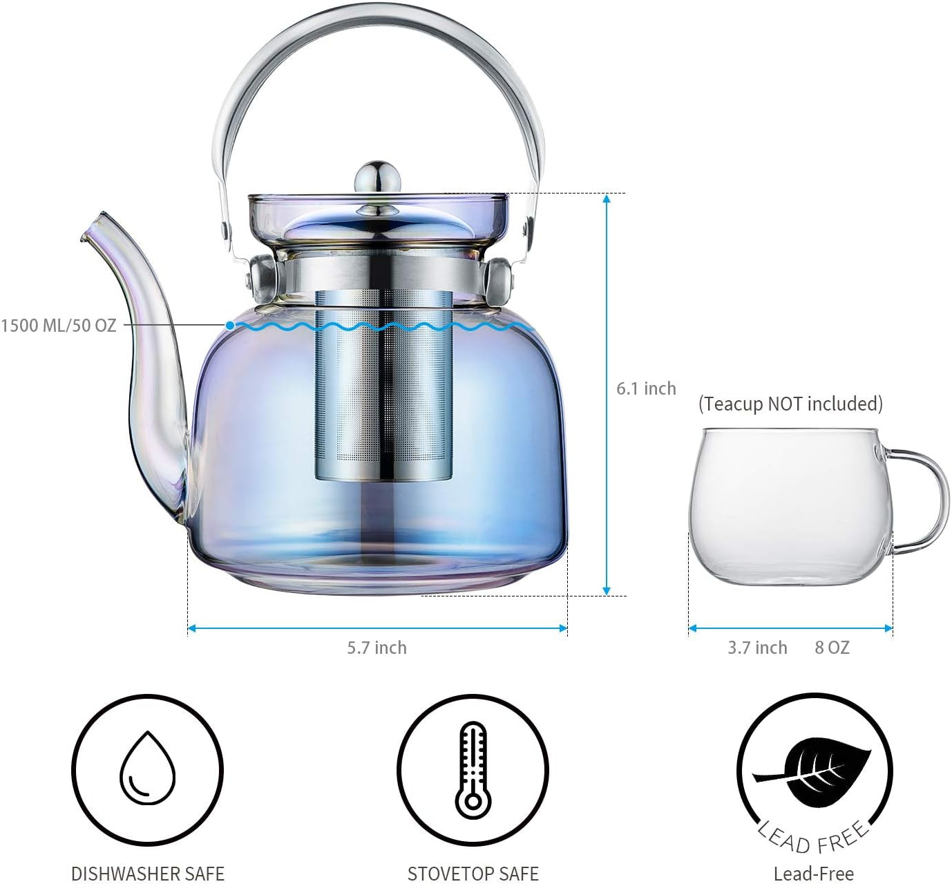 BowLift | 50 Oz(1500Ml) Glass Teapot with Lid, Removable Stainless Steel Tea Strainer and Handle, Stovetop Safe Tea Maker for Blooming and Loose Leaf Tea (Iridescent)