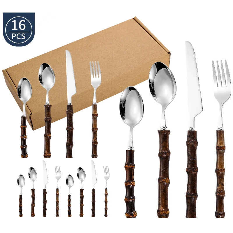BowLift | Black Bamboo Dinnerware Set - Upscale Stainless Steel Fork and Spoon Tableware