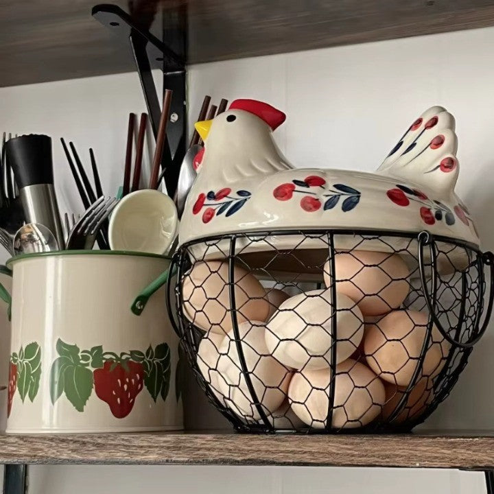 BowLift | Ceramic Egg Holder Chicken with Wire Basket