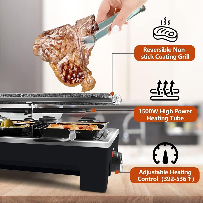 BowLift | Electric Grill with Reversible Non-Stick Plate and Raclette Trays for Indoor Cooking