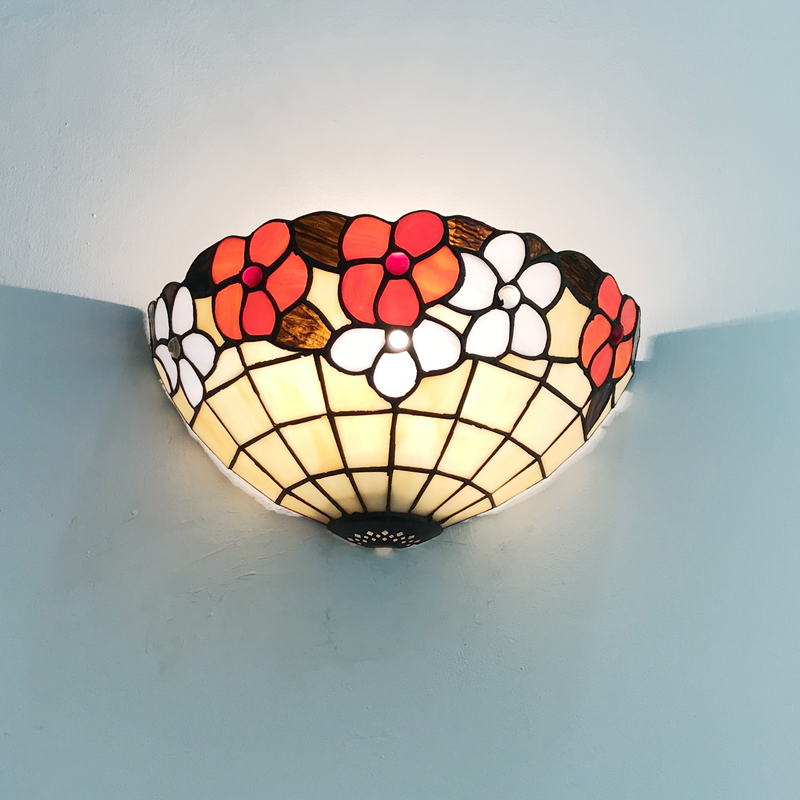 BowLift | Floral Pattern Wall Light Tiffany Vintage Shell Wall Lamp in Beige/Pink-White for Hall Office