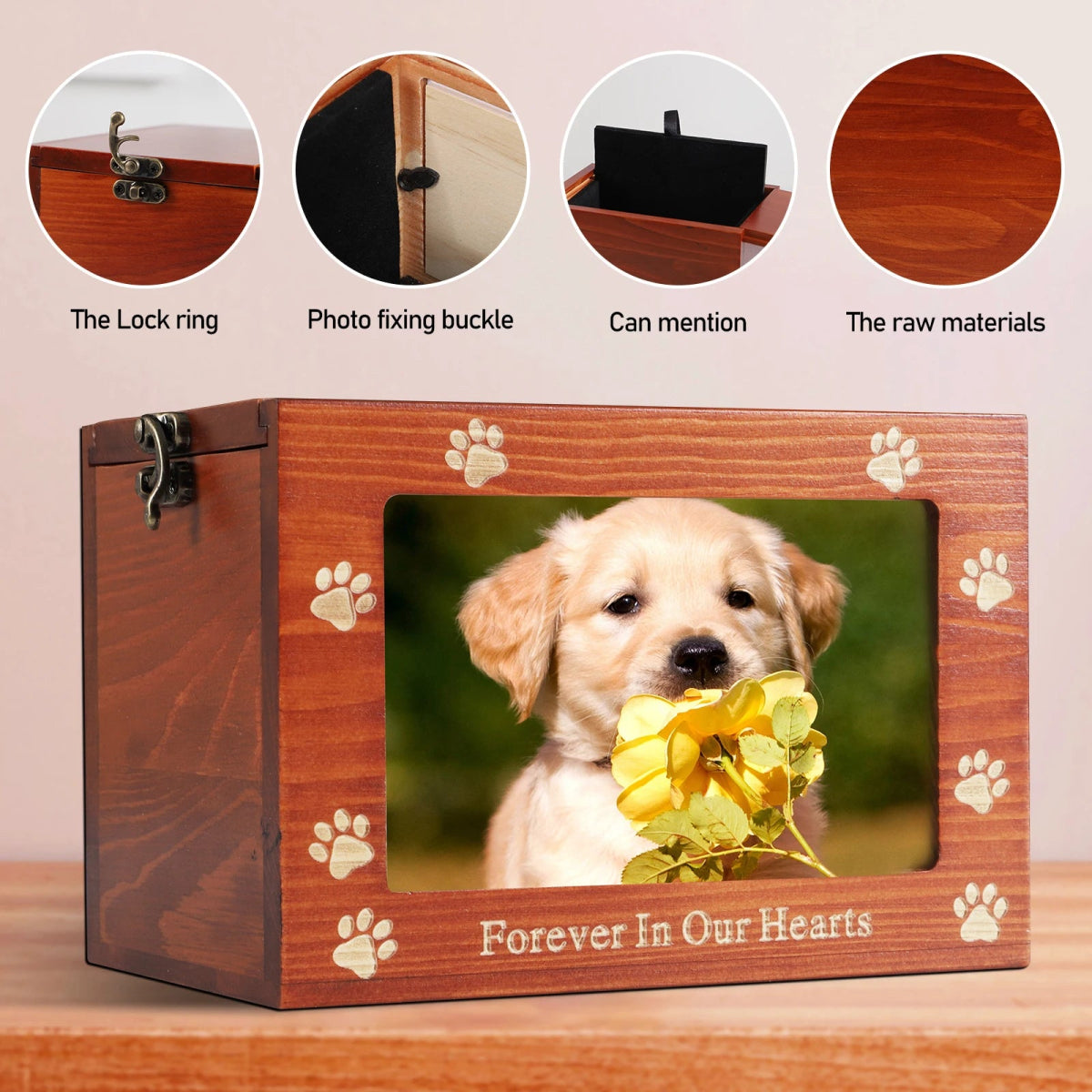 EverPaw • Wooden Pet Memorial Urn with Photo Frame - Dog & Cat Urn - BowLift