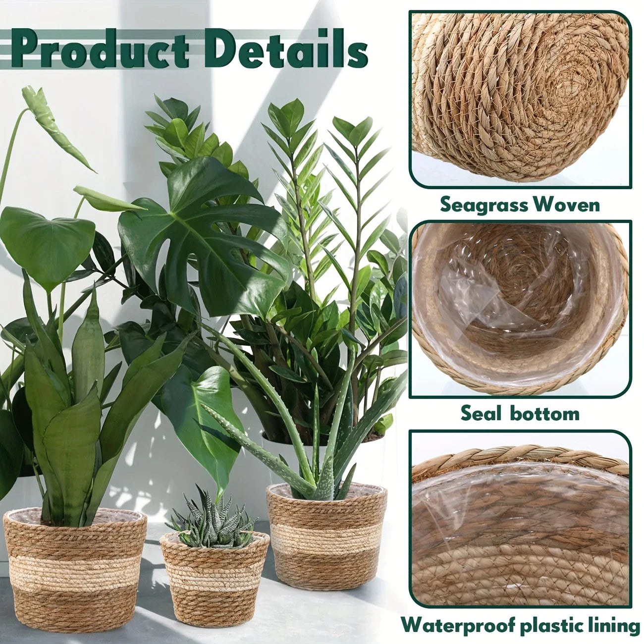 BowLift | Decorative plant baskets made of seagrass in a set of 3 – Handwoven flower pots with foil insert
