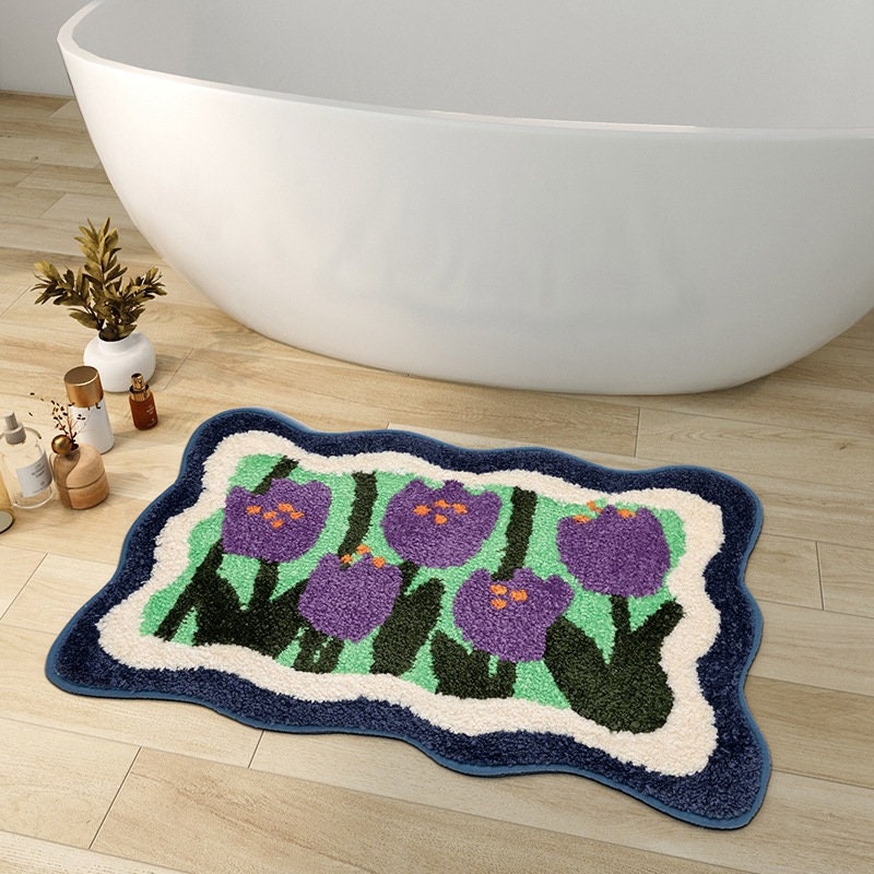 BowLift | Colorful Flower Bathroom Mat, Orange Flora Soft Bathroom Rug, Woven Bath Mat, Purple Tulip Water-Absorbent Non-Slip Bath Mat