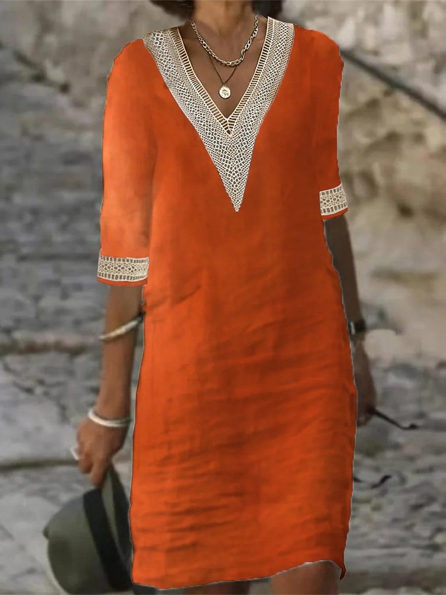 V-Neck Linen Blend Dress with Lace Trim
