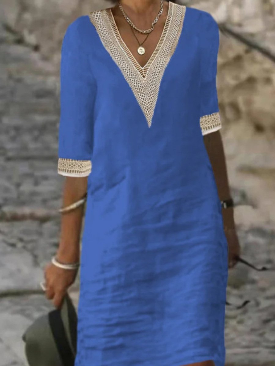 V-Neck Linen Blend Dress with Lace Trim