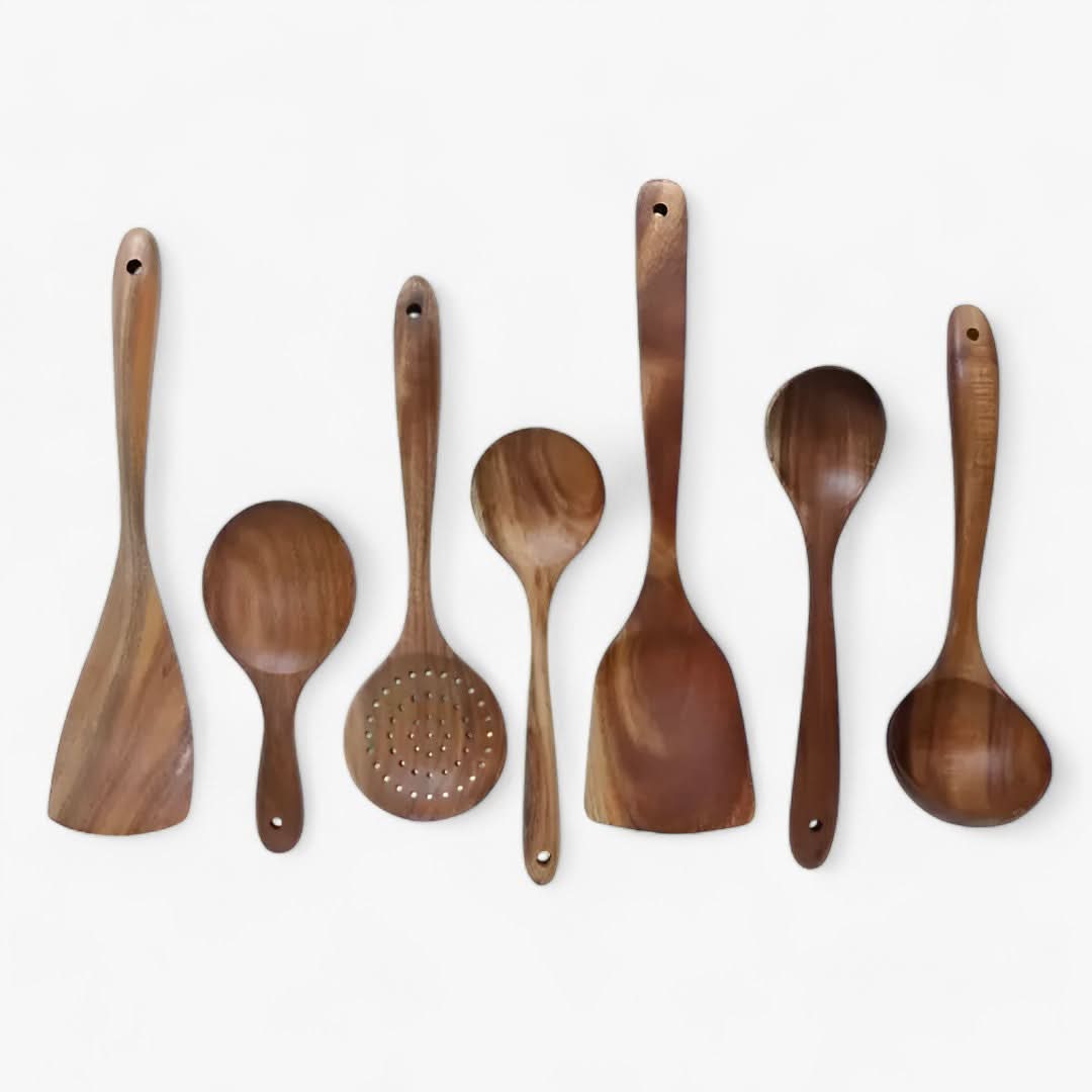BowLift | Elegant Teak Wood Kitchen Utensil Set – 7-Piece