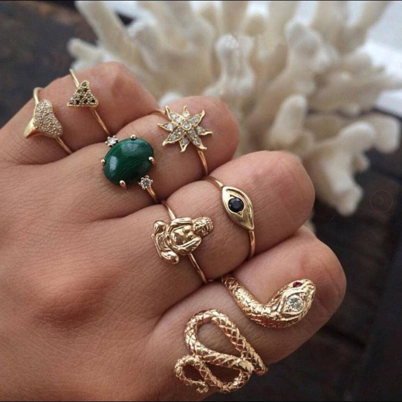 BowLift | Fashion Crystal Gold color  Geometric Knuckle Rings set