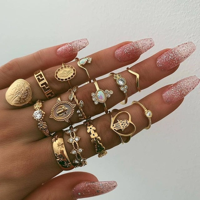 BowLift | Fashion Crystal Gold color  Geometric Knuckle Rings set