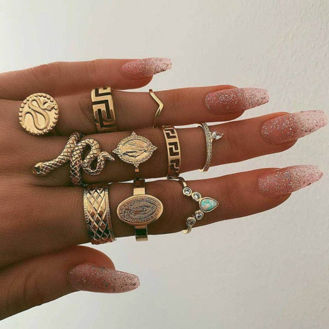 BowLift | Fashion Crystal Gold color  Geometric Knuckle Rings set