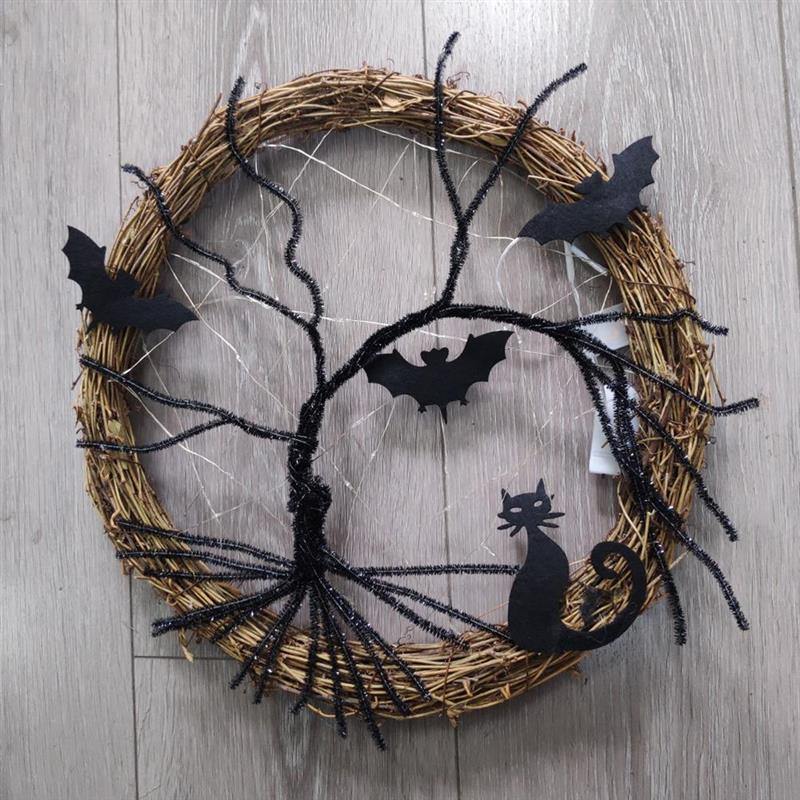 BowLift | Black Bat Cat Halloween Door Wreath Led Light
