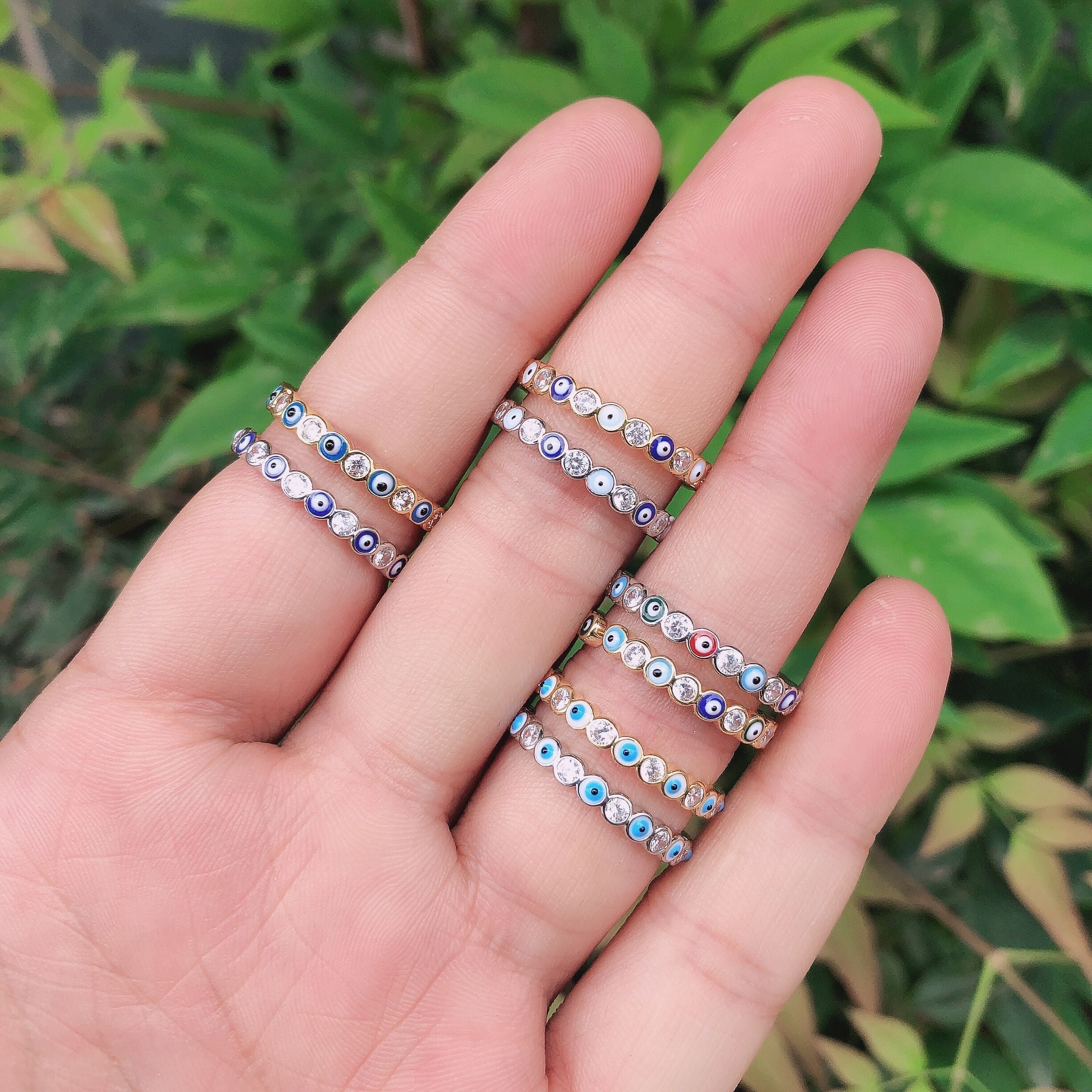 BowLift | Bohemian Rainbow Evil Eye Rhinestone Filled Gold Rings