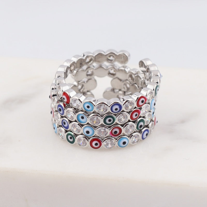 BowLift | Bohemian Rainbow Evil Eye Rhinestone Filled Gold Rings