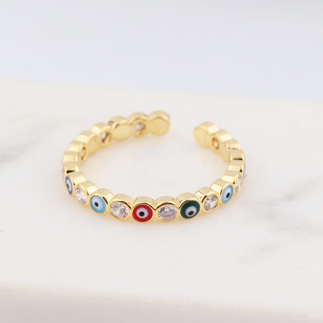 BowLift | Bohemian Rainbow Evil Eye Rhinestone Filled Gold Rings